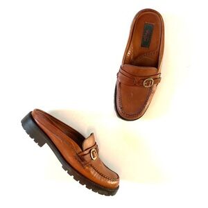 Vintage G.H. Bass Berdine Cognac Brown Genuine Leather Buckle Slip-On Mules